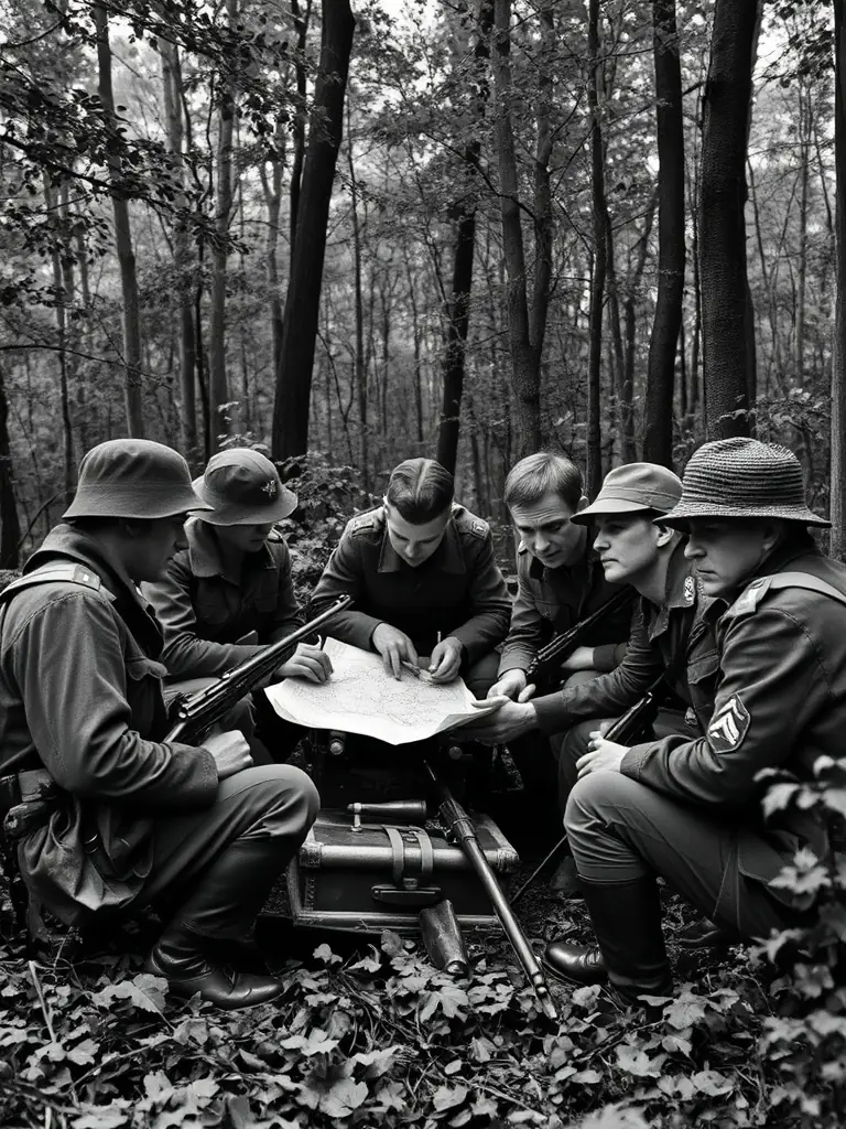 A black and white photograph of a group of French Resistance fighters in a forest clearing, planning their next operation, with vintage weapons and determined expressions.