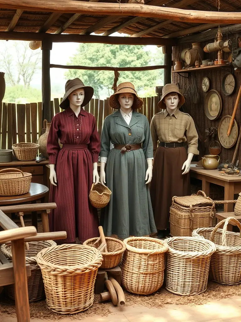 A recreated rural village scene depicting daily life under occupation, with mannequins dressed in period clothing and authentic household items from the 1940s.