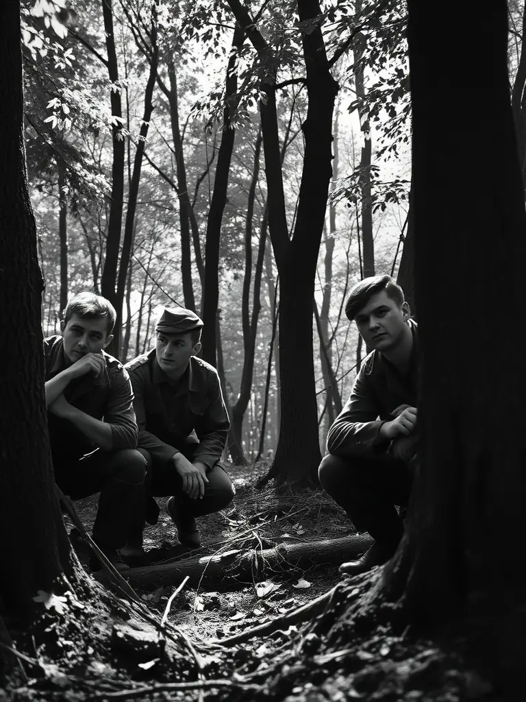 A black and white photograph depicting a group of French Resistance fighters in a forest clearing, planning their next operation. The image captures the determination and camaraderie of the group.