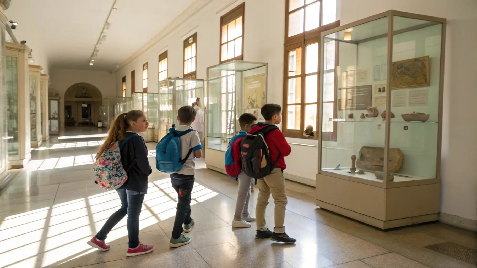 A group of students visiting the museum and interacting with exhibits, guided by a museum educator.