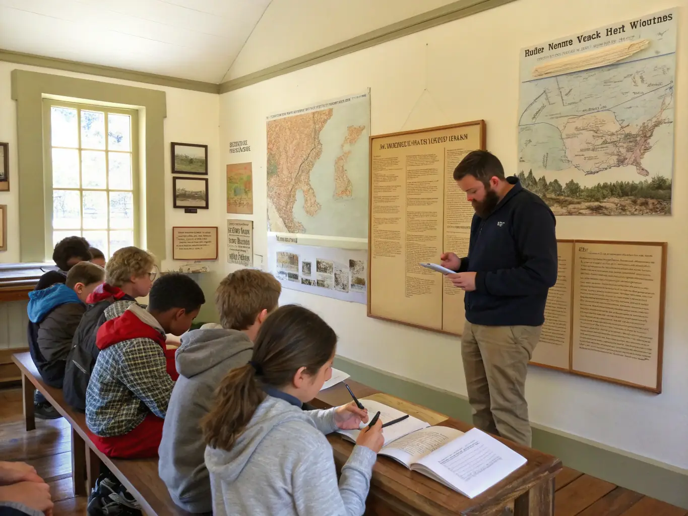 A group of students attentively listening to a museum guide during a workshop on local resistance history, set in a classroom with historical artifacts displayed in the background.