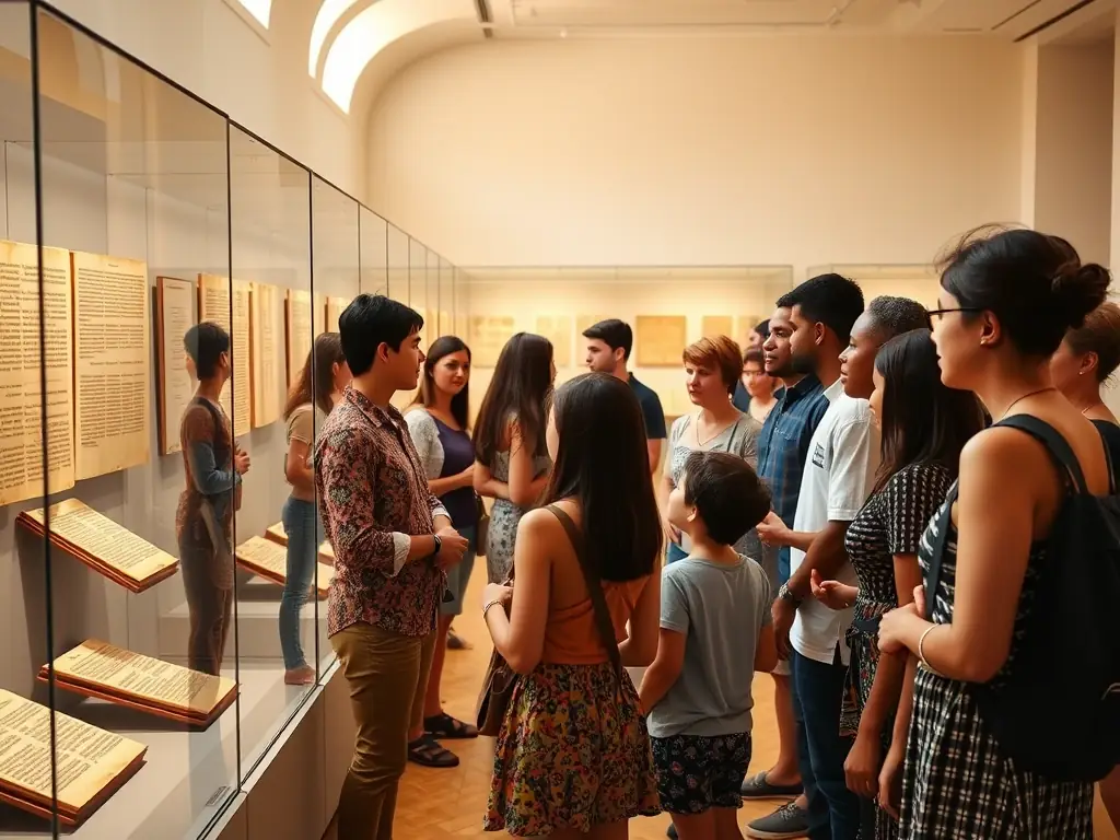 A diverse group of visitors following a museum guide through an exhibition, examining artifacts and displays related to the French Resistance.