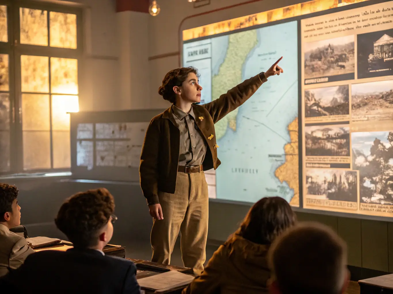 A lecturer standing in front of an audience, presenting historical information about the French Resistance with projected images of archival documents and photographs.