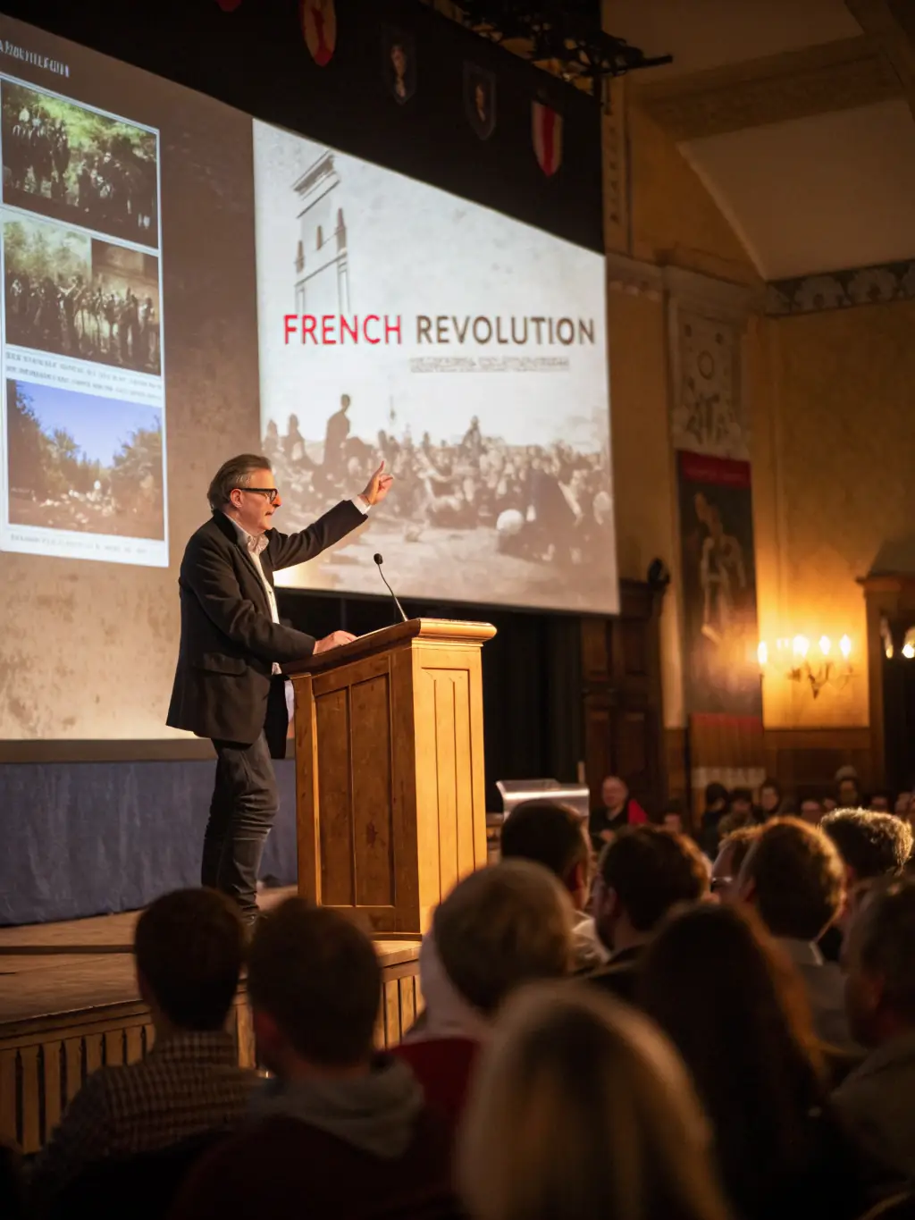 A lecturer presenting on the strategies and key figures of the French Resistance in the Creuse region, with a projected image of a historical map.