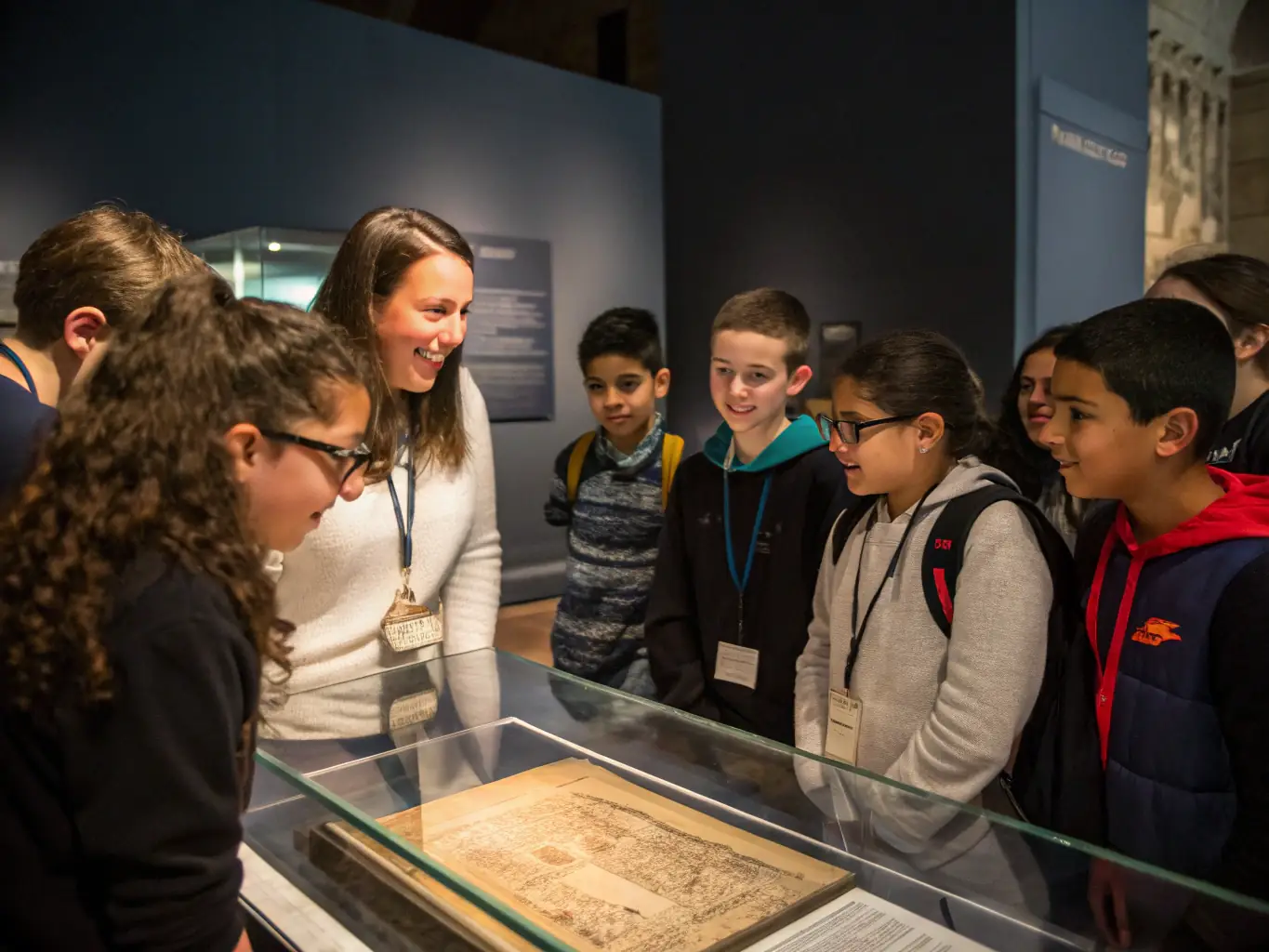 A group of students attentively listening to a museum guide during a tour of the MUSEUM OF THE RESISTANCE 39-45 IN CREUSE, focusing on an exhibit about local resistance efforts.
