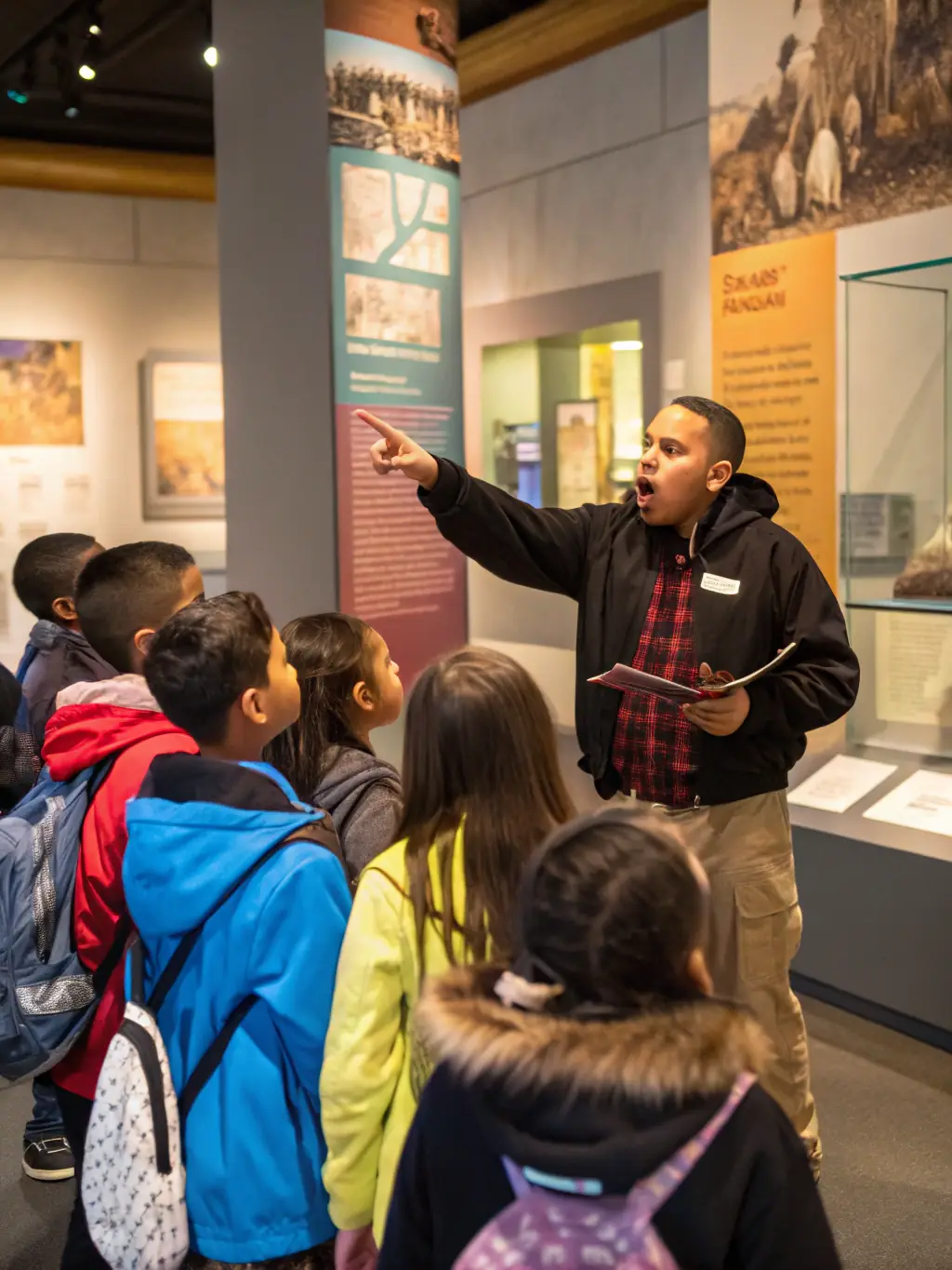 A group of students attentively listening to a museum guide during a tour about the French Resistance in the Creuse region, with historical artifacts in the background.